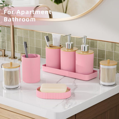 10PC Bathroom Accessories Set - Pink and Wooden Bathroom Sets