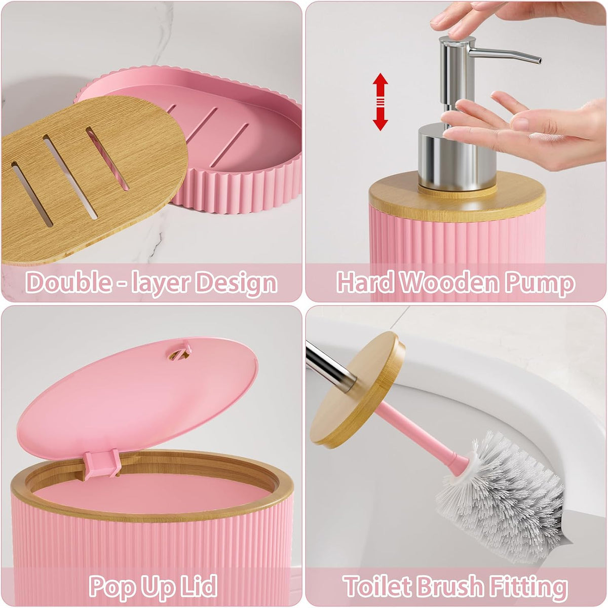 10PC Bathroom Accessories Set - Pink and Wooden Bathroom Sets