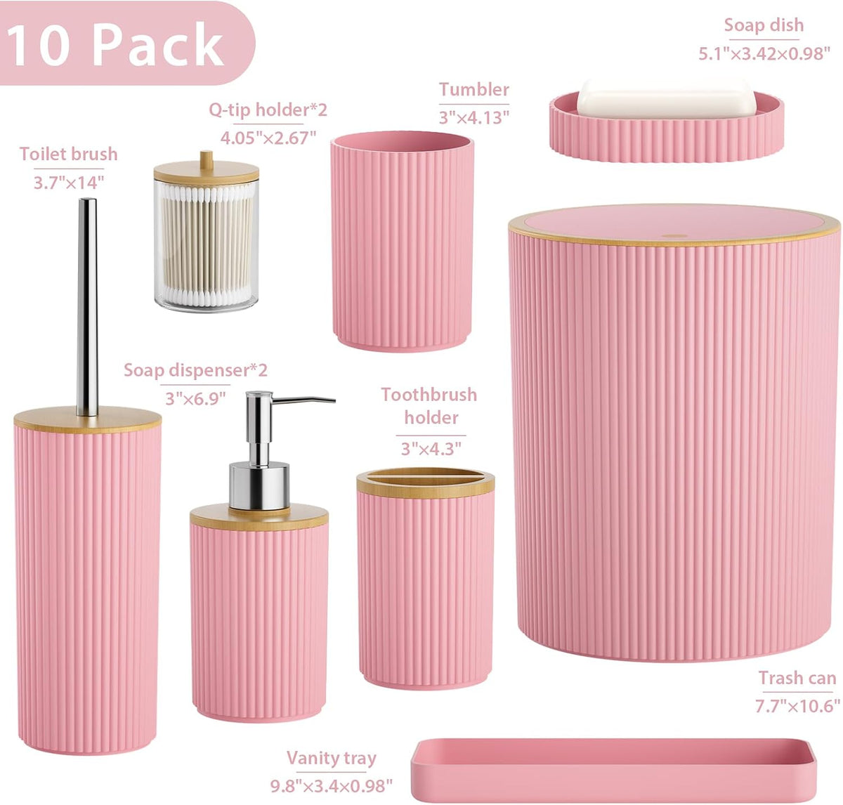 10PC Bathroom Accessories Set - Pink and Wooden Bathroom Sets