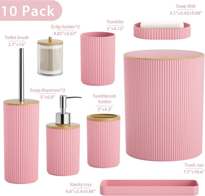 10PC Bathroom Accessories Set - Pink and Wooden Bathroom Sets
