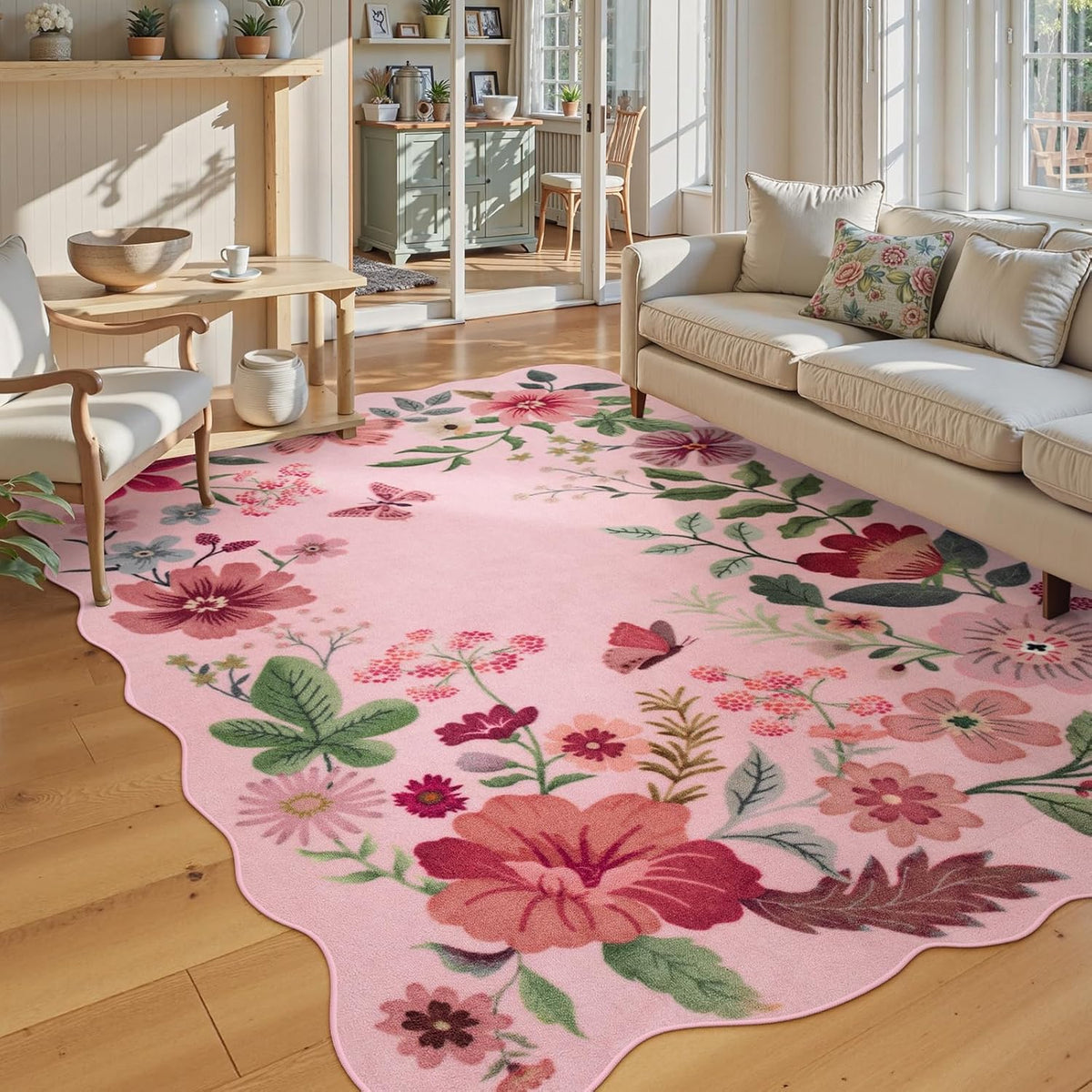Floral Living Room Rugs, Washable Pink Area Rugs 5x7 Rug for Bedroom