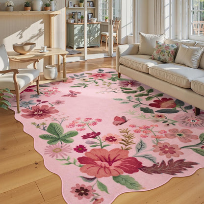 Floral Living Room Rugs, Washable Pink Area Rugs 5x7 Rug for Bedroom