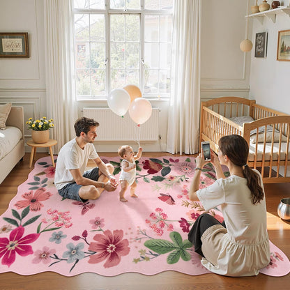 Floral Living Room Rugs, Washable Pink Area Rugs 5x7 Rug for Bedroom
