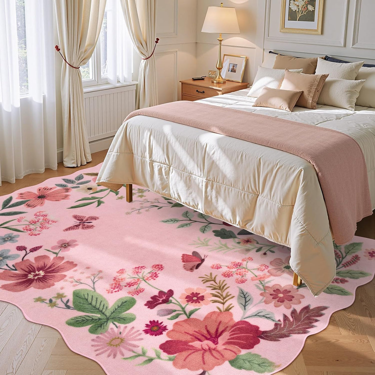 Floral Living Room Rugs, Washable Pink Area Rugs 5x7 Rug for Bedroom