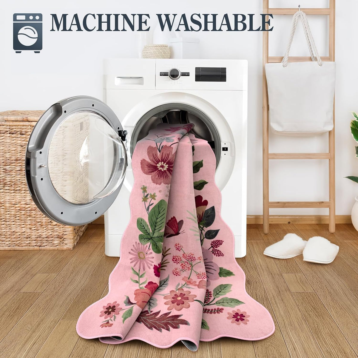 Floral Living Room Rugs, Washable Pink Area Rugs 5x7 Rug for Bedroom