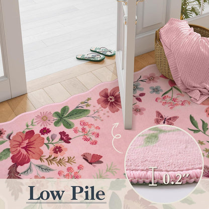 Floral Living Room Rugs, Washable Pink Area Rugs 5x7 Rug for Bedroom