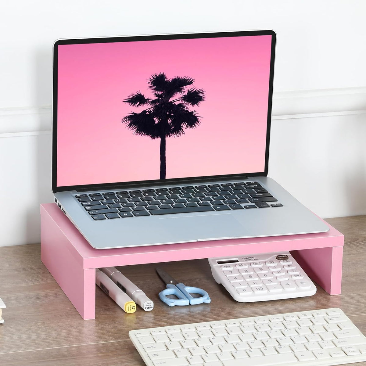 Pink Monitor Stand Riser for Desk, Small Computer/Laptop Stand Wood