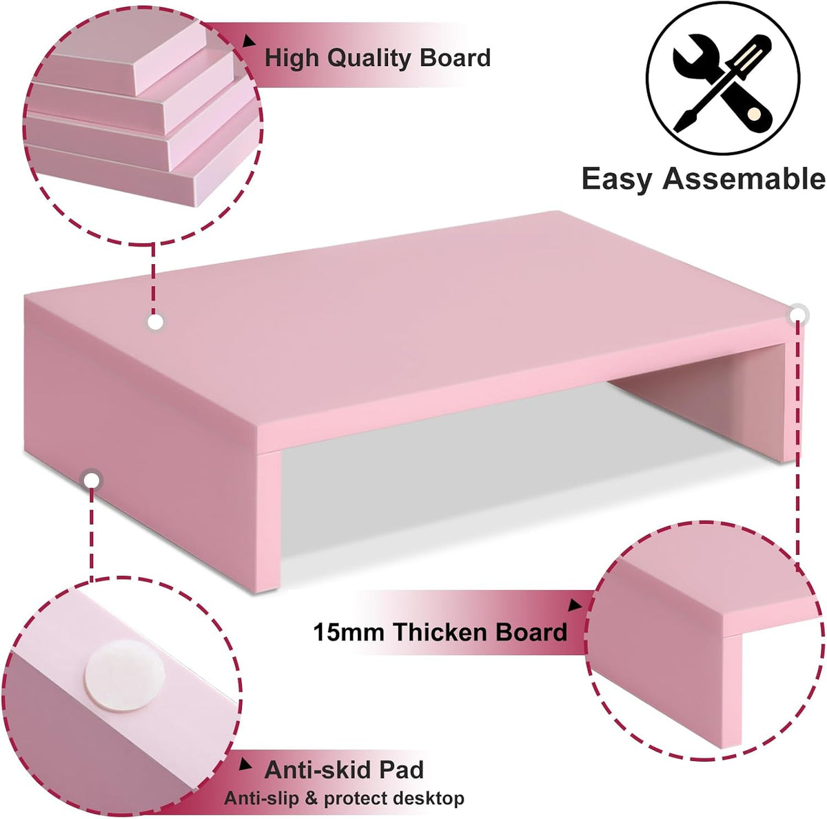 Pink Monitor Stand Riser for Desk, Small Computer/Laptop Stand Wood