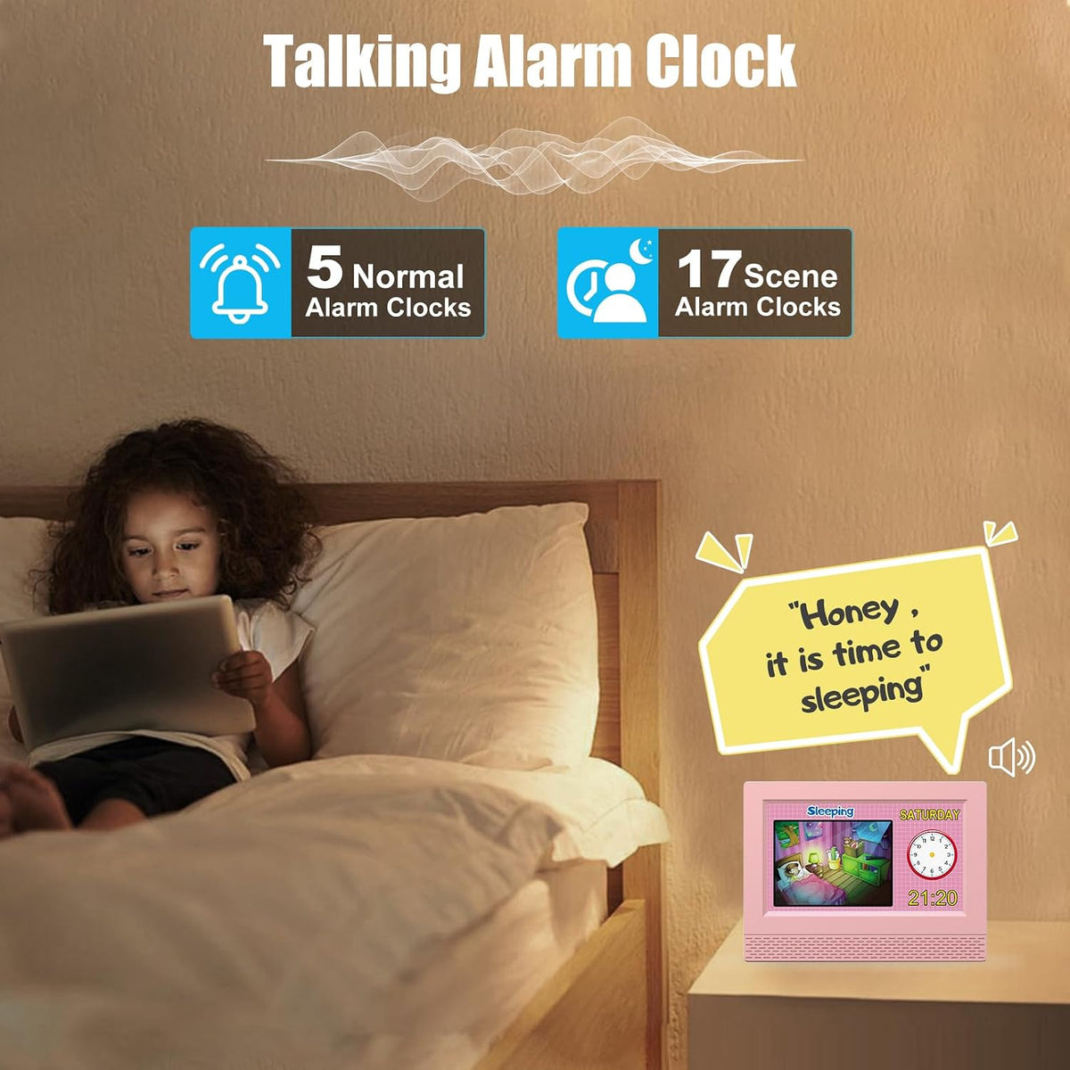 Kids Digital Alarm Clock with Voice Scene Reminders, 7" Eye-Caring Display