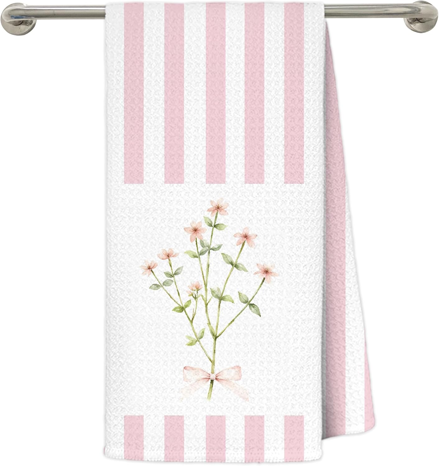 Pink Striped Floral Kitchen Dish Towels, Pastel Pink Flower Wildflower Bouquet Decorative Hand Towels for Bathroom, 16x24 Inch