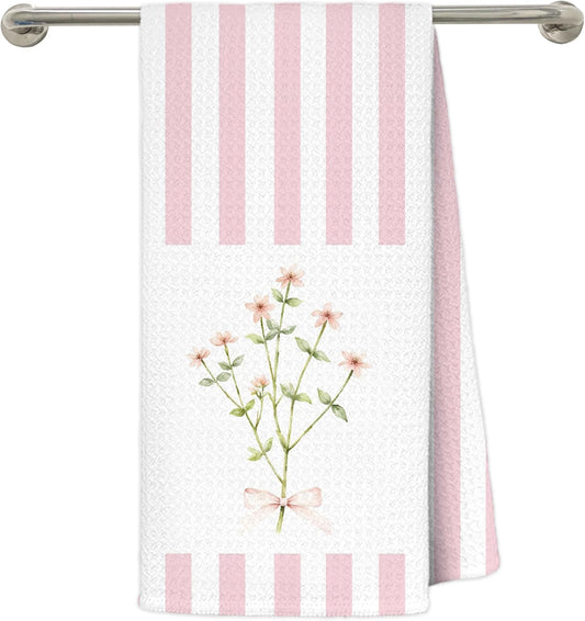 Pink Striped Floral Kitchen Dish Towels, Pastel Pink Flower Wildflower Bouquet Decorative Hand Towels for Bathroom, 16x24 Inch