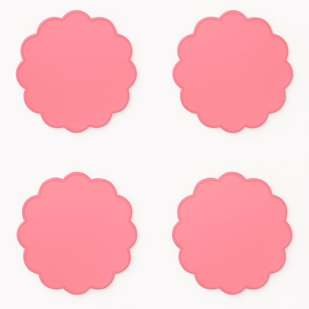 Scalloped Acrylic Coasters, Set of 4 – Thick, Durable Transparent Pink Drink Coasters, Easy-to-Clean Modern Table Protectors for Coffee Tables, Desks & Home Decor