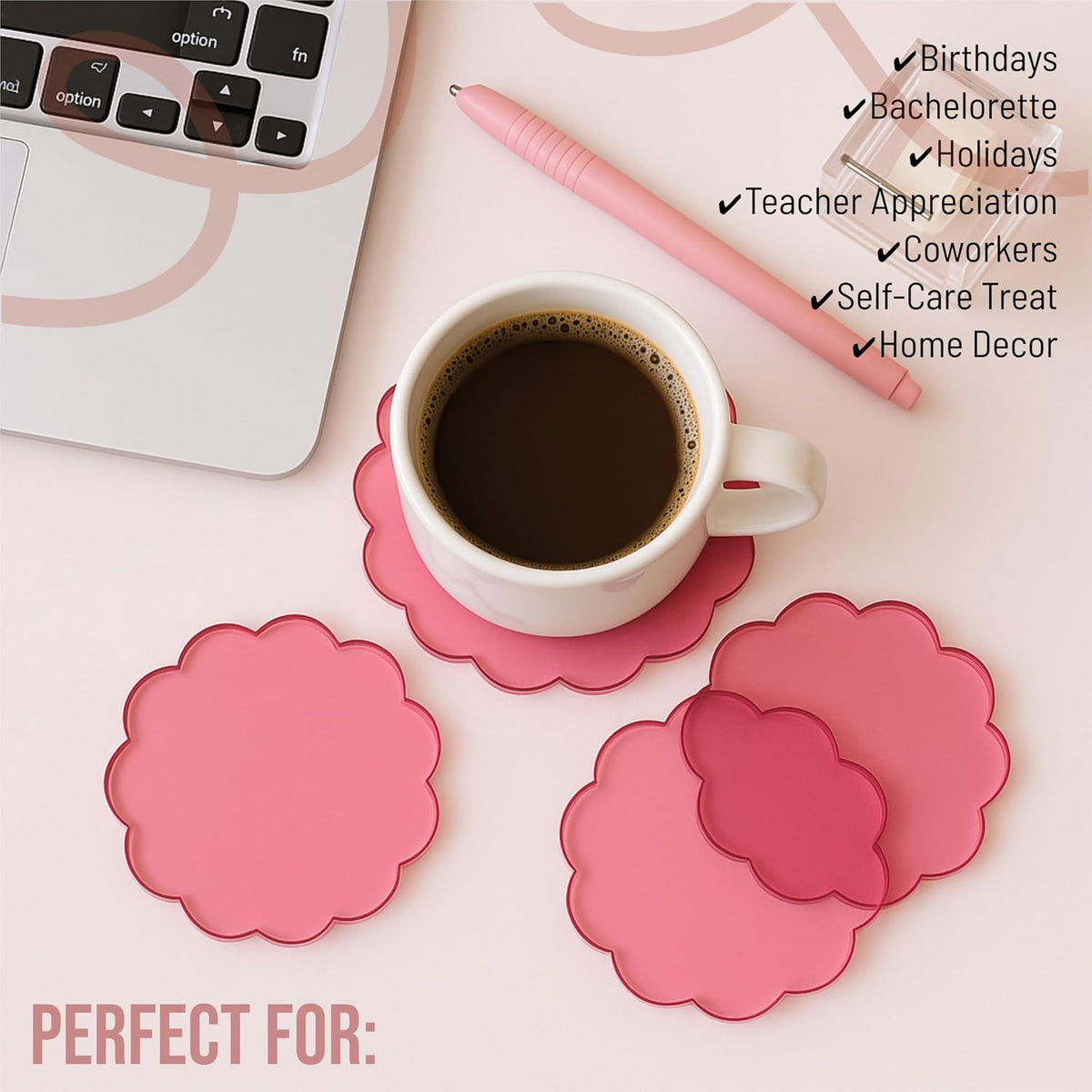 Scalloped Acrylic Coasters, Set of 4 – Thick, Durable Transparent Pink Drink Coasters, Easy-to-Clean Modern Table Protectors for Coffee Tables, Desks & Home Decor