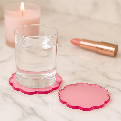 Scalloped Acrylic Coasters, Set of 4 – Thick, Durable Transparent Pink Drink Coasters, Easy-to-Clean Modern Table Protectors for Coffee Tables, Desks & Home Decor