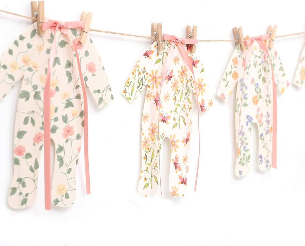 7pcs Neutral Baby Shower Bunting - Pink Baby Pajamas with Ribbon Bows, Gender-Revealing Neutral Party Supplies, Clothesline Birthday Party Banner (Baby Shower Banner Pink)