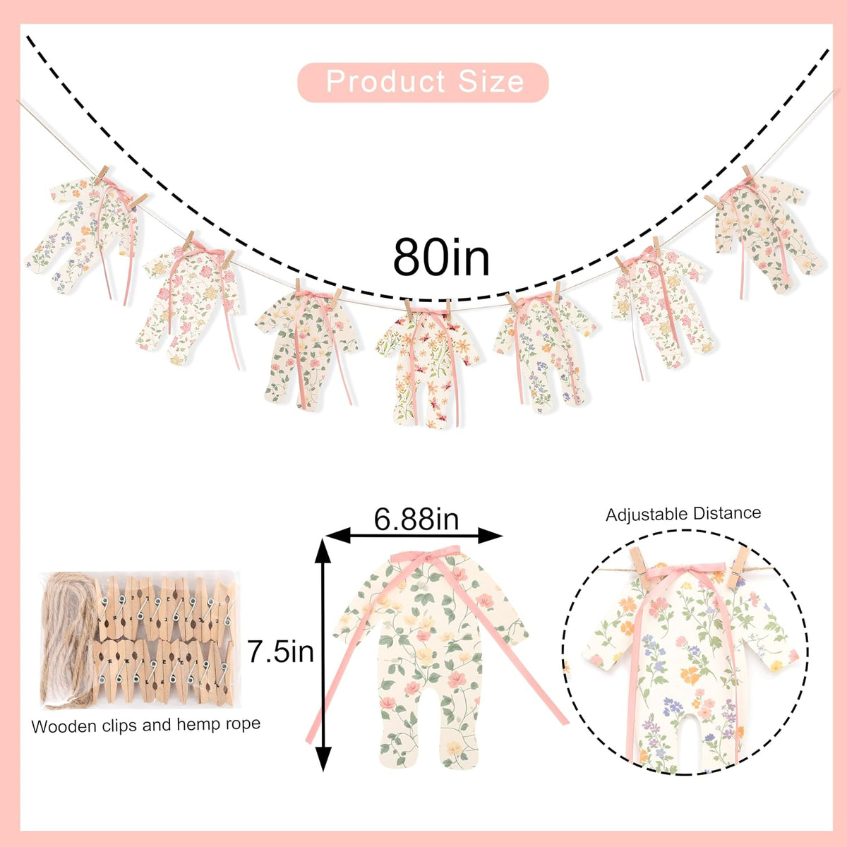 7pcs Neutral Baby Shower Bunting - Pink Baby Pajamas with Ribbon Bows, Gender-Revealing Neutral Party Supplies, Clothesline Birthday Party Banner (Baby Shower Banner Pink)