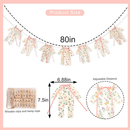 7pcs Neutral Baby Shower Bunting - Pink Baby Pajamas with Ribbon Bows, Gender-Revealing Neutral Party Supplies, Clothesline Birthday Party Banner (Baby Shower Banner Pink)