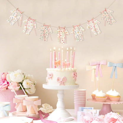 7pcs Neutral Baby Shower Bunting - Pink Baby Pajamas with Ribbon Bows, Gender-Revealing Neutral Party Supplies, Clothesline Birthday Party Banner (Baby Shower Banner Pink)