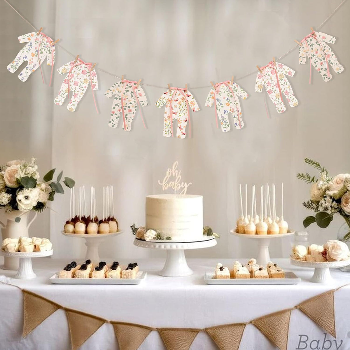 7pcs Neutral Baby Shower Bunting - Pink Baby Pajamas with Ribbon Bows, Gender-Revealing Neutral Party Supplies, Clothesline Birthday Party Banner (Baby Shower Banner Pink)