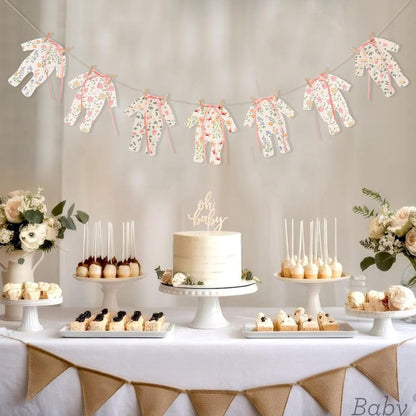 7pcs Neutral Baby Shower Bunting - Pink Baby Pajamas with Ribbon Bows, Gender-Revealing Neutral Party Supplies, Clothesline Birthday Party Banner (Baby Shower Banner Pink)