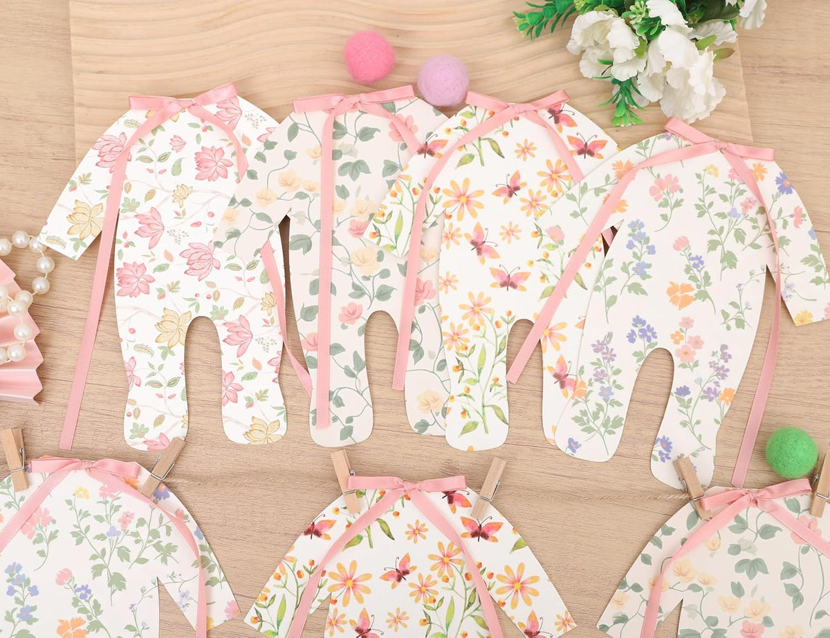 7pcs Neutral Baby Shower Bunting - Pink Baby Pajamas with Ribbon Bows, Gender-Revealing Neutral Party Supplies, Clothesline Birthday Party Banner (Baby Shower Banner Pink)