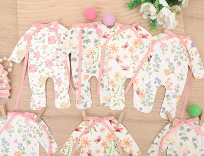 7pcs Neutral Baby Shower Bunting - Pink Baby Pajamas with Ribbon Bows, Gender-Revealing Neutral Party Supplies, Clothesline Birthday Party Banner (Baby Shower Banner Pink)