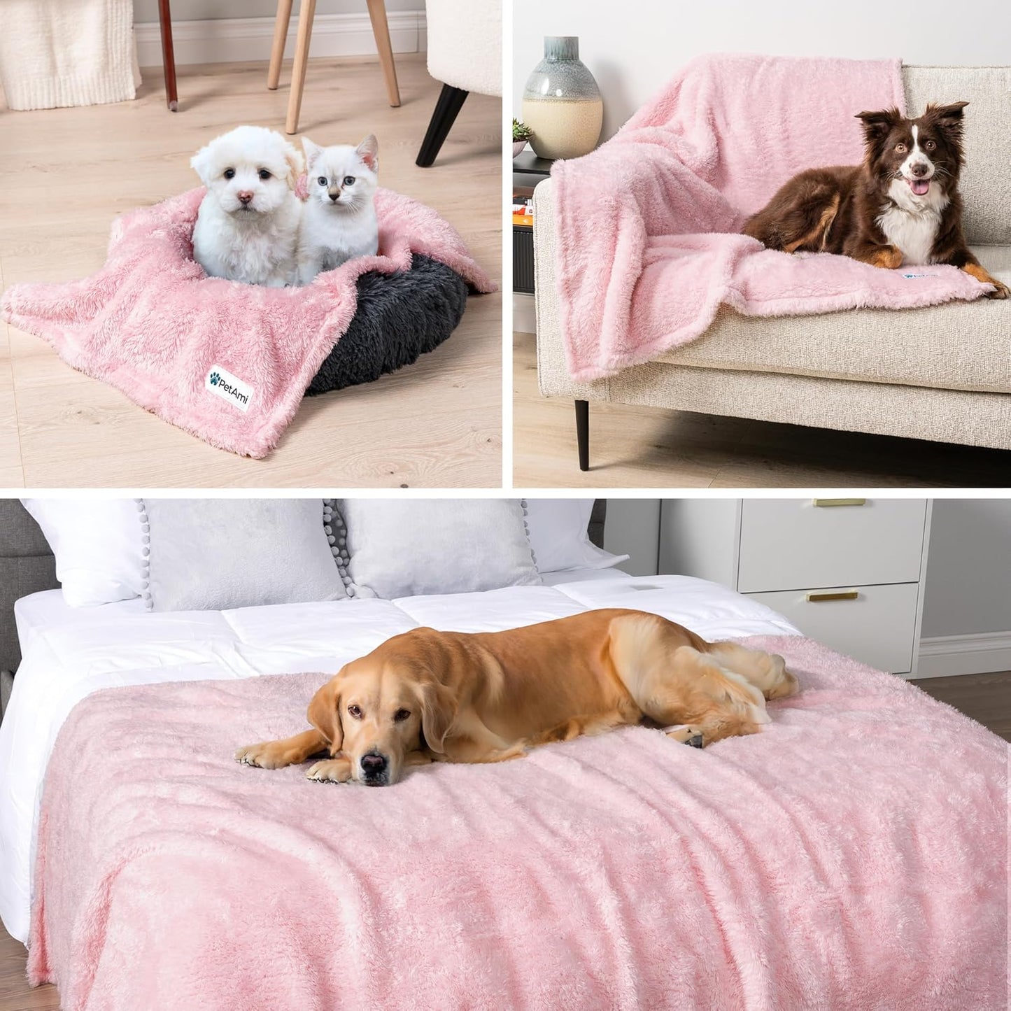 Fluffy Waterproof Dog Blanket for Couch and Bed, Reversible Sherpa Pet Throw, Pee Proof Furniture Protector Sofa Cover, Washable Cat Blanket for Small Medium Dogs and Cats (Pink Blush, 24x32)