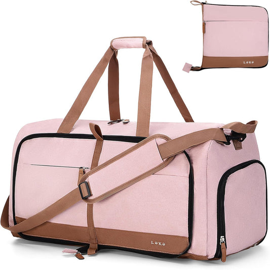 Foldable Travel Duffel Bag for Women, 80L Large Duffle Bag with Separate Shoes Compartments & Straps, Carry On Weekend Bag for Women, Hospital, Overnight(Pink)