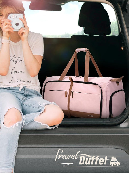 Foldable Travel Duffel Bag for Women, 80L Large Duffle Bag with Separate Shoes Compartments & Straps, Carry On Weekend Bag for Women, Hospital, Overnight(Pink)
