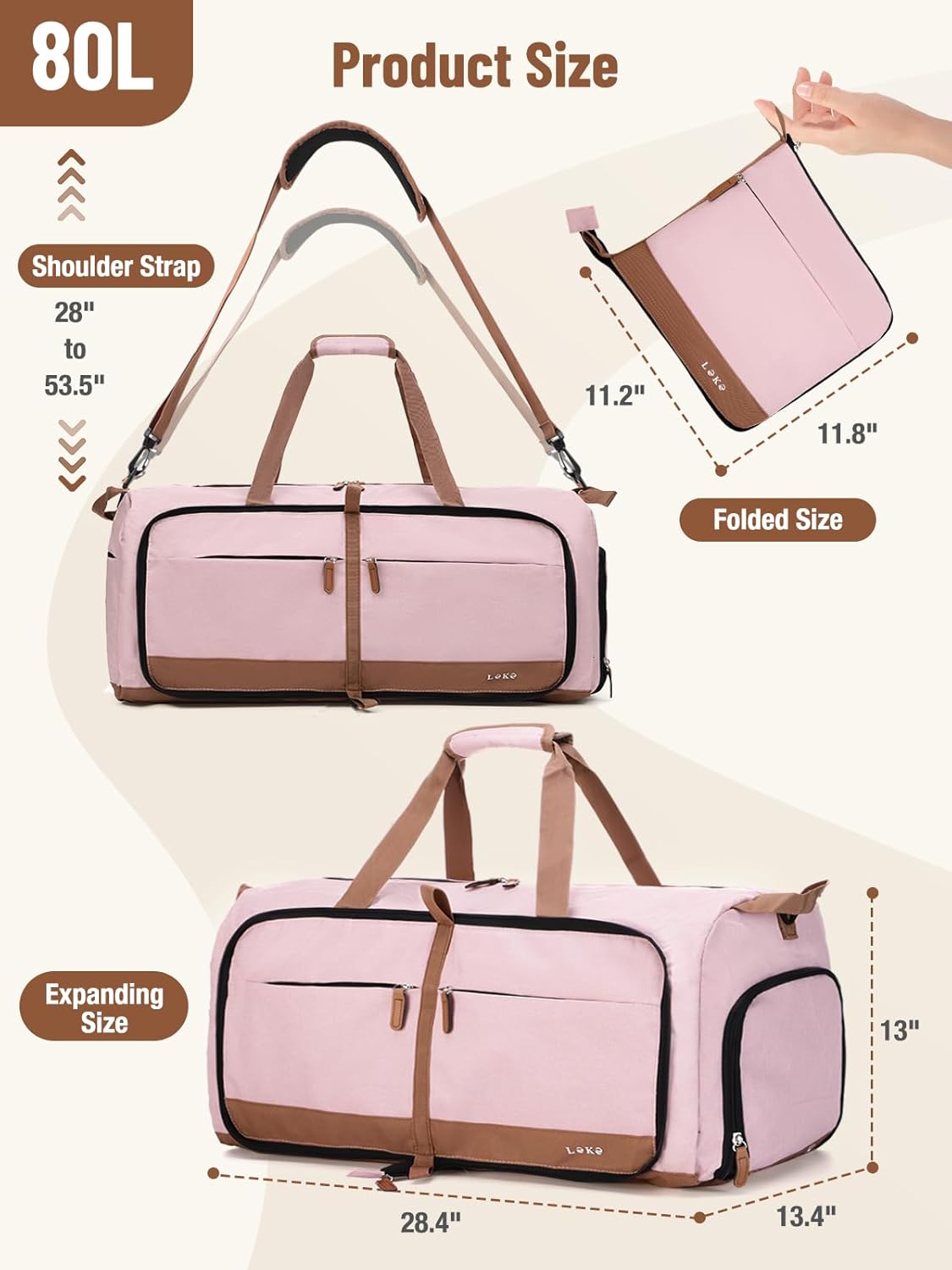 Foldable Travel Duffel Bag for Women, 80L Large Duffle Bag with Separate Shoes Compartments & Straps, Carry On Weekend Bag for Women, Hospital, Overnight(Pink)