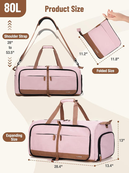 Foldable Travel Duffel Bag for Women, 80L Large Duffle Bag with Separate Shoes Compartments & Straps, Carry On Weekend Bag for Women, Hospital, Overnight(Pink)