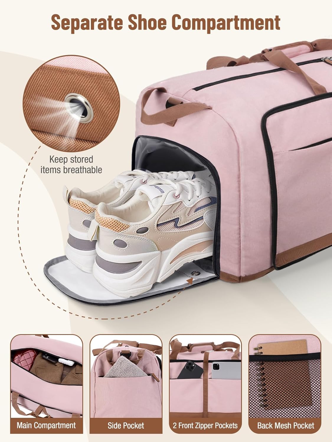 Foldable Travel Duffel Bag for Women, 80L Large Duffle Bag with Separate Shoes Compartments & Straps, Carry On Weekend Bag for Women, Hospital, Overnight(Pink)