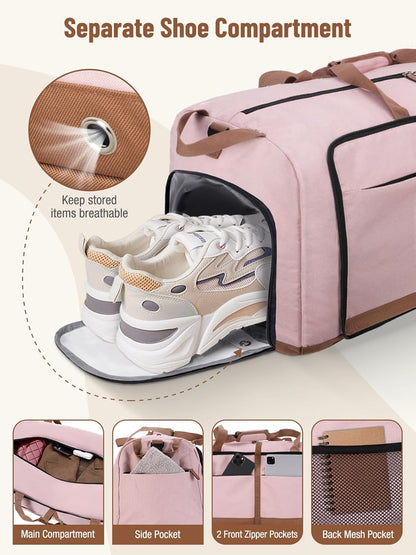 Foldable Travel Duffel Bag for Women, 80L Large Duffle Bag with Separate Shoes Compartments & Straps, Carry On Weekend Bag for Women, Hospital, Overnight(Pink)