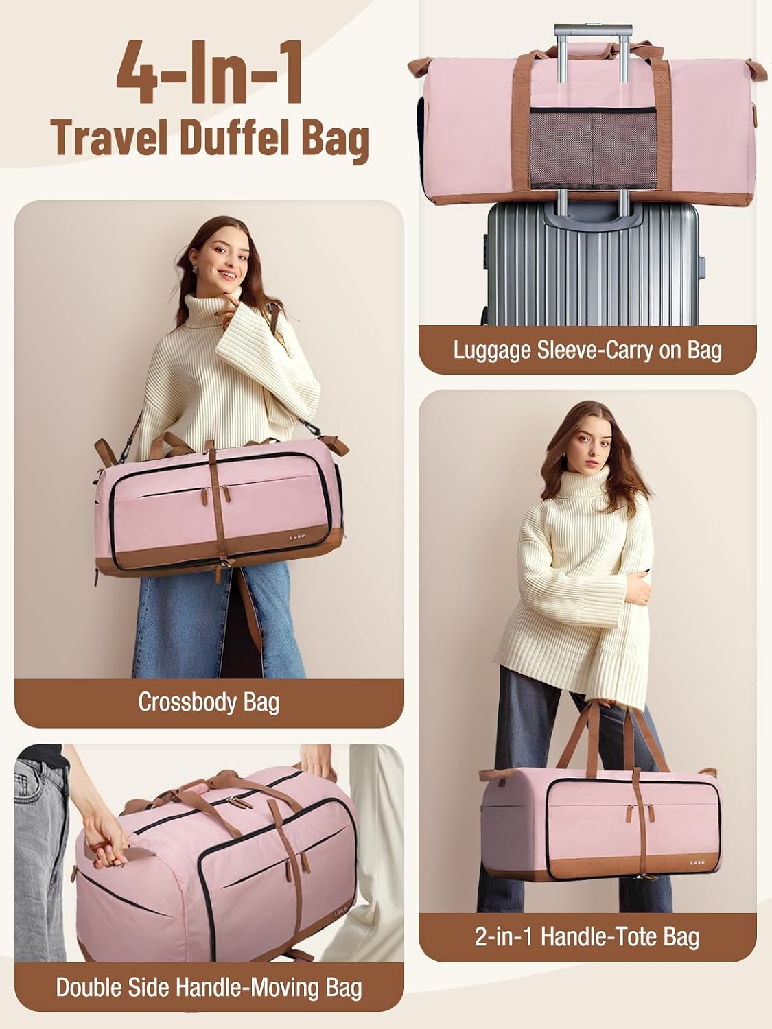 Foldable Travel Duffel Bag for Women, 80L Large Duffle Bag with Separate Shoes Compartments & Straps, Carry On Weekend Bag for Women, Hospital, Overnight(Pink)