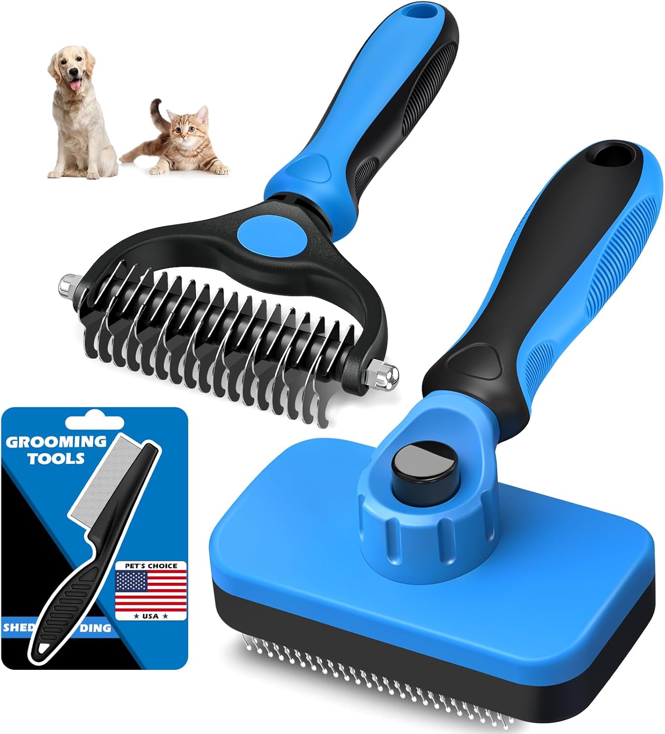 Professional 3PCS Self Cleaning Slicker Brush & Pet Grooming Rake & Flea Comb for Dogs,Cats and Horses | Double-Sided Dematting Comb & Skin Friendly Deshedding Grooming Tool | Pet Supplies (Blue)