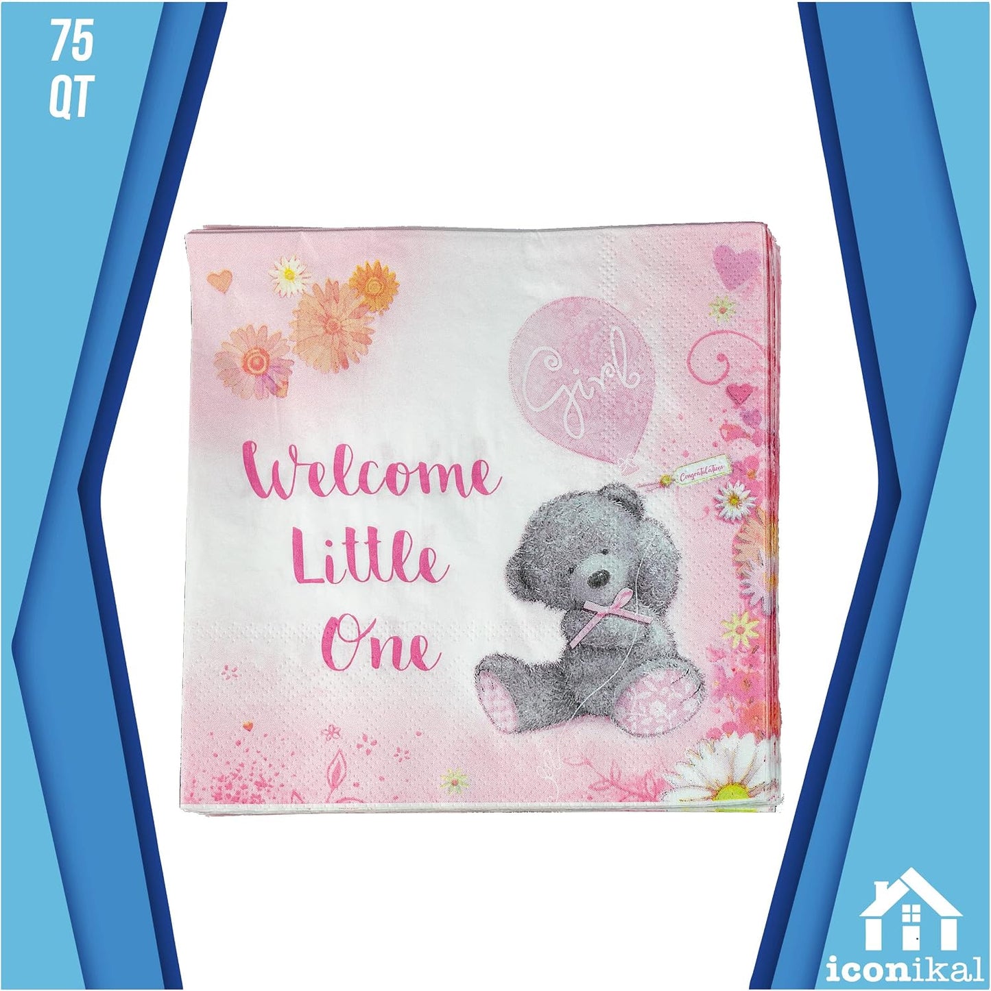 75-Count Baby Shower Party Napkins, Baby Girl, Baby Pink, Disposable Paper Party Napkins, Dinner Size