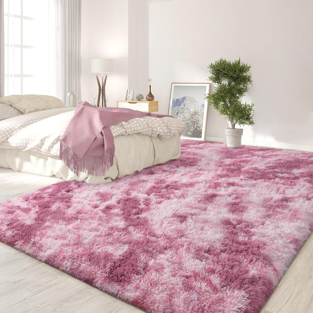 Large Area Rugs for Living Room, 5x8 Feet Tie-Dyed Blush Shaggy Rug Fluffy Throw Carpets, Ultra Soft Plush Modern Indoor Fuzzy Rugs for Bedroom Girls Kids Nursery Room Dorm Home Decor