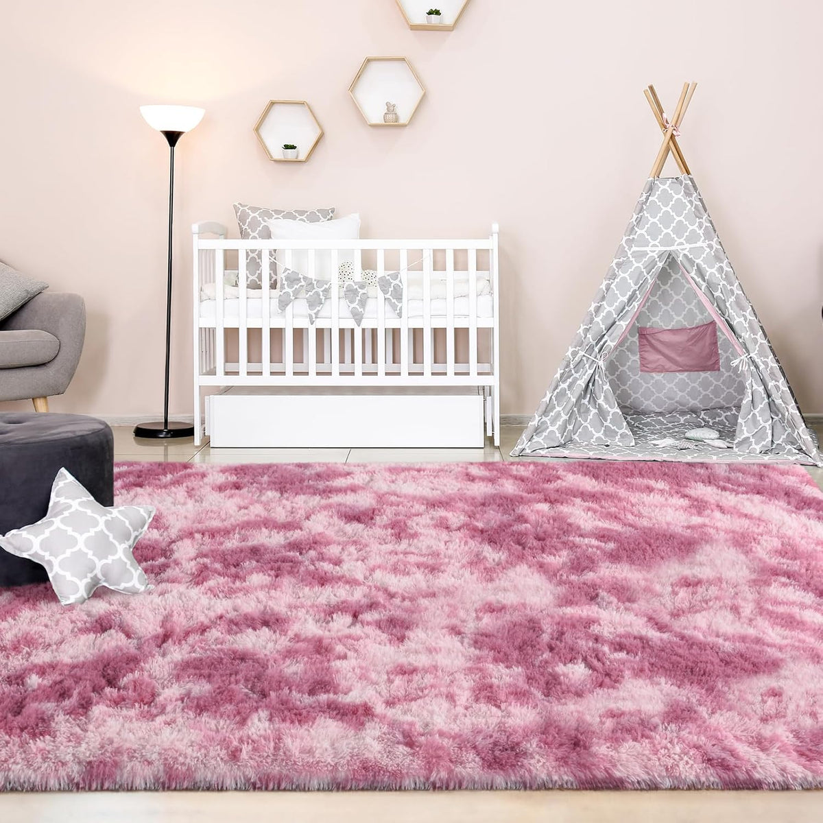 Large Area Rugs for Living Room, 5x8 Feet Tie-Dyed Blush Shaggy Rug Fluffy Throw Carpets, Ultra Soft Plush Modern Indoor Fuzzy Rugs for Bedroom Girls Kids Nursery Room Dorm Home Decor