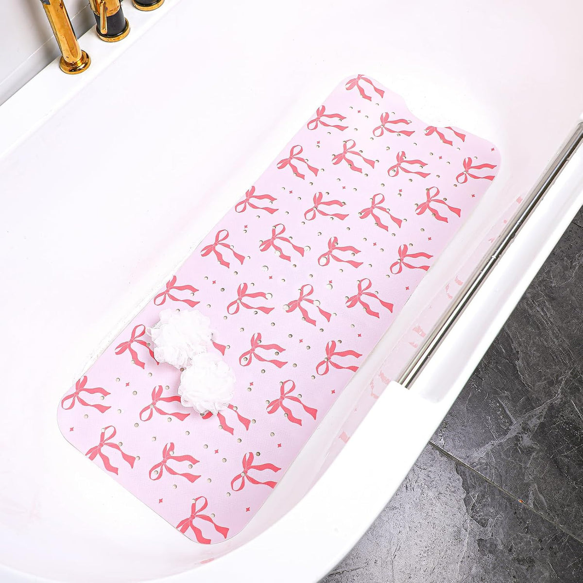 Pink Bow Bathtub Mat, 40x16 Inch Non-Slip Extra Long Tub Mat