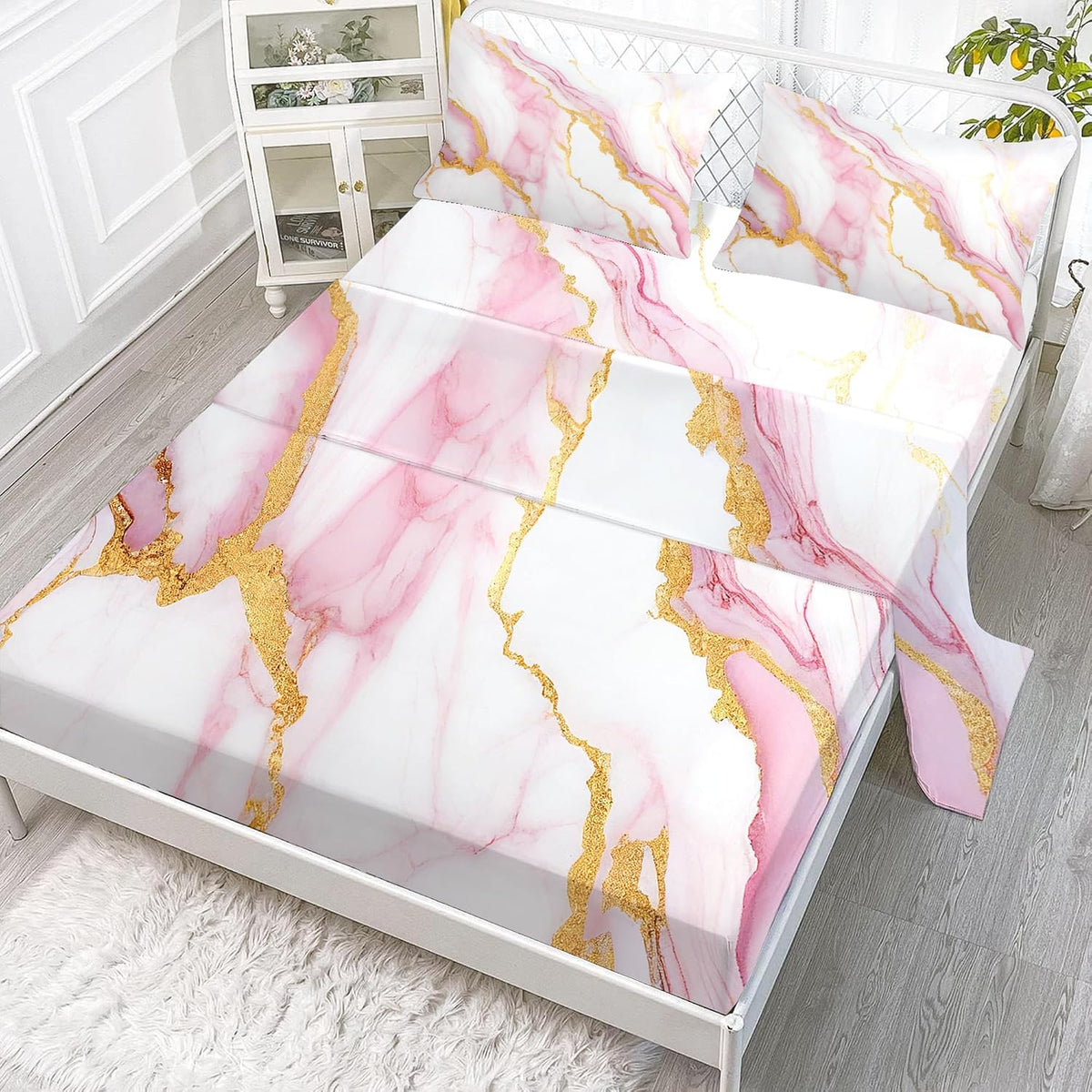 Sheet Set Pink Marble: Queen Size Pink Abstract Bed Sheets for Teen Girls Kids Women Deep Pocket Gold Glitter Marbling 4PC Bedding Sets 1 Fitted Sheet & 1 Flat Sheet & 2 Pillowcases