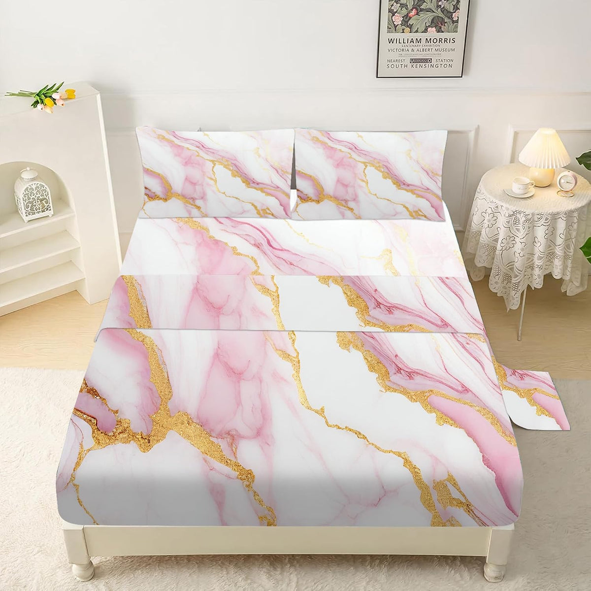 Sheet Set Pink Marble: Queen Size Pink Abstract Bed Sheets for Teen Girls Kids Women Deep Pocket Gold Glitter Marbling 4PC Bedding Sets 1 Fitted Sheet & 1 Flat Sheet & 2 Pillowcases