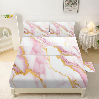 Sheet Set Pink Marble: Queen Size Pink Abstract Bed Sheets for Teen Girls Kids Women Deep Pocket Gold Glitter Marbling 4PC Bedding Sets 1 Fitted Sheet & 1 Flat Sheet & 2 Pillowcases