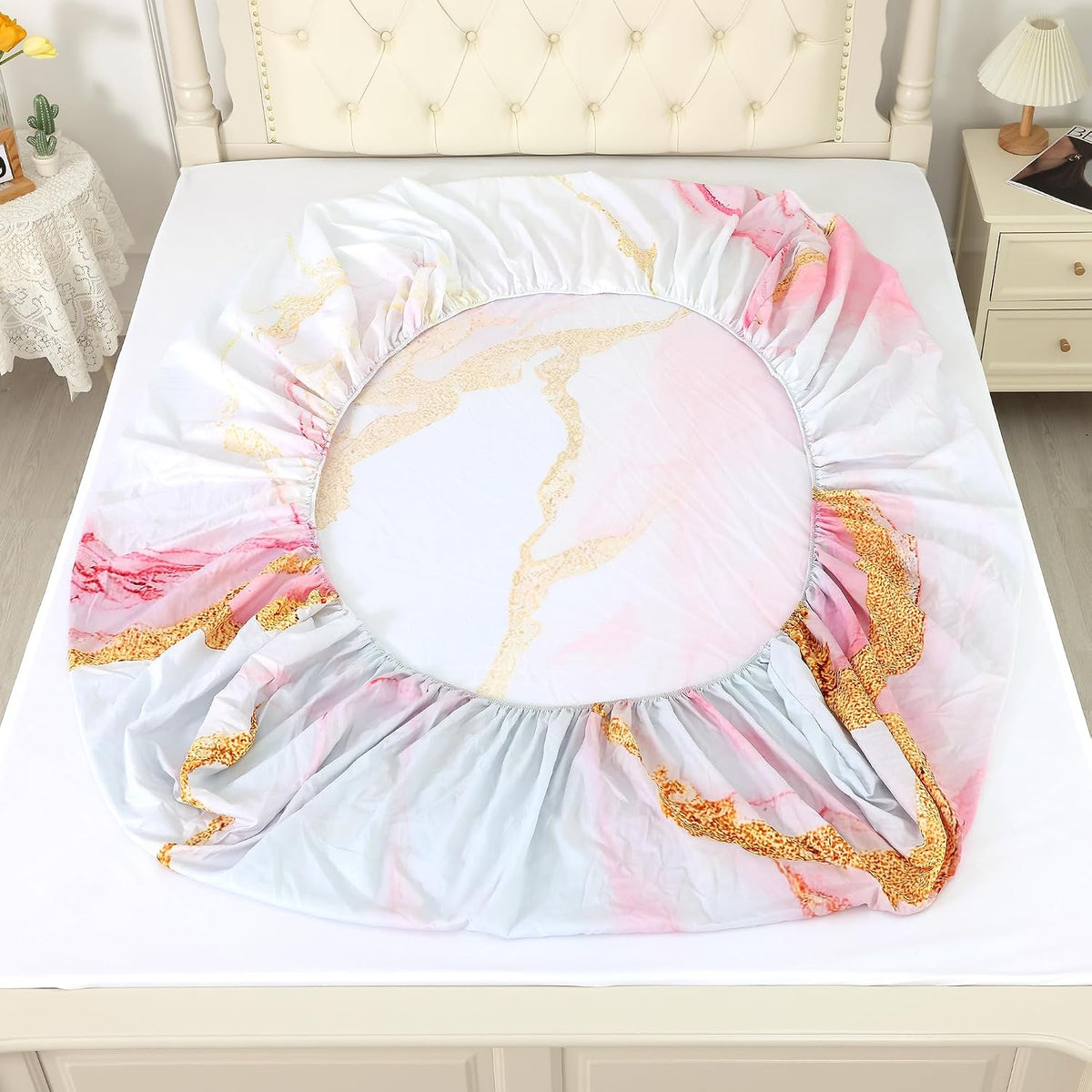 Sheet Set Pink Marble: Queen Size Pink Abstract Bed Sheets for Teen Girls Kids Women Deep Pocket Gold Glitter Marbling 4PC Bedding Sets 1 Fitted Sheet & 1 Flat Sheet & 2 Pillowcases