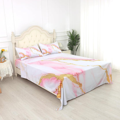 Sheet Set Pink Marble: Queen Size Pink Abstract Bed Sheets for Teen Girls Kids Women Deep Pocket Gold Glitter Marbling 4PC Bedding Sets 1 Fitted Sheet & 1 Flat Sheet & 2 Pillowcases