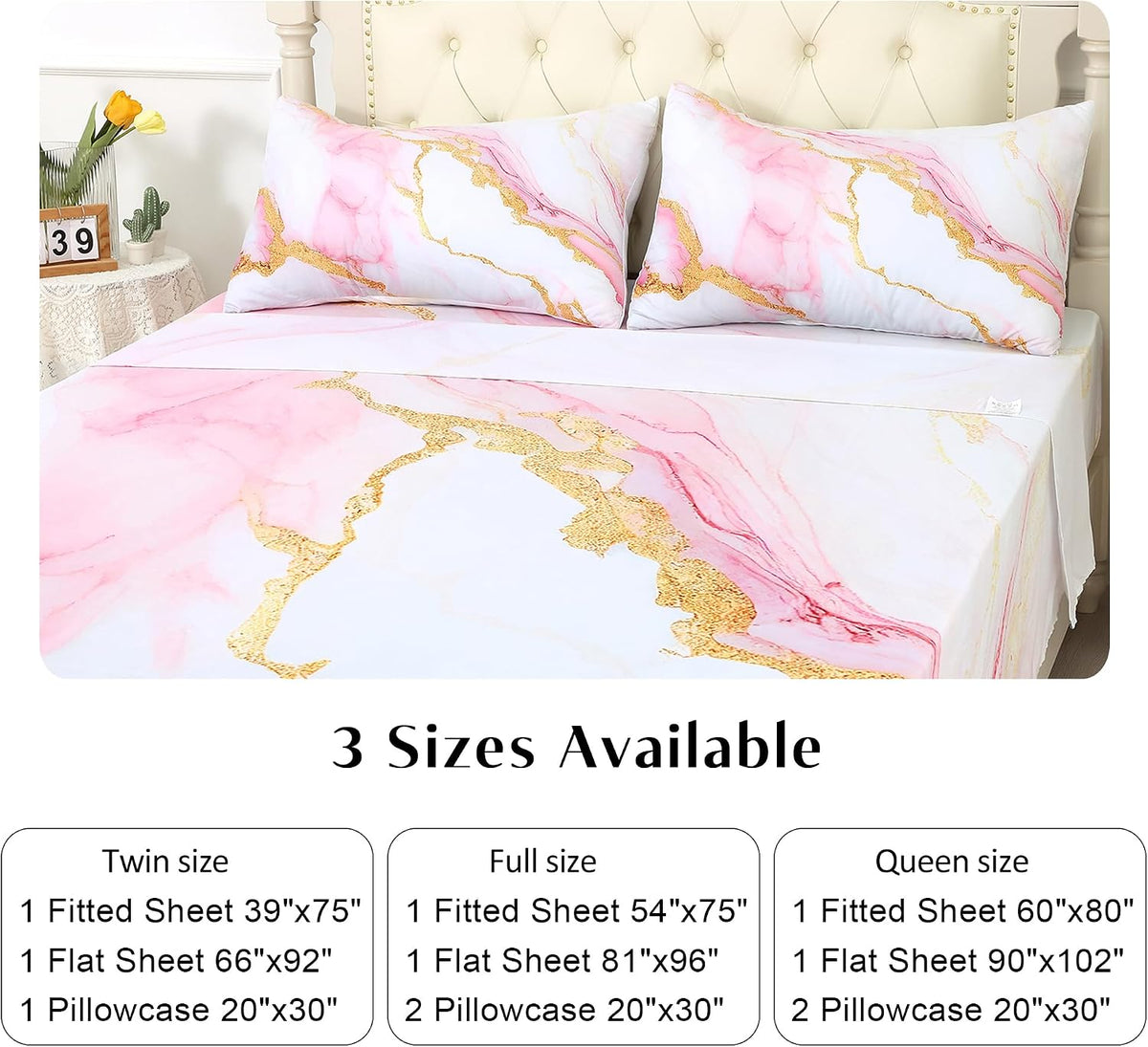 Sheet Set Pink Marble: Queen Size Pink Abstract Bed Sheets for Teen Girls Kids Women Deep Pocket Gold Glitter Marbling 4PC Bedding Sets 1 Fitted Sheet & 1 Flat Sheet & 2 Pillowcases