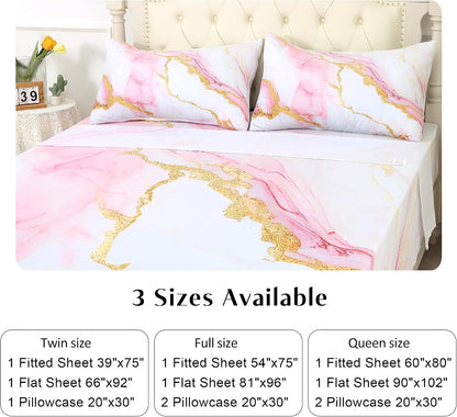 Sheet Set Pink Marble: Queen Size Pink Abstract Bed Sheets for Teen Girls Kids Women Deep Pocket Gold Glitter Marbling 4PC Bedding Sets 1 Fitted Sheet & 1 Flat Sheet & 2 Pillowcases