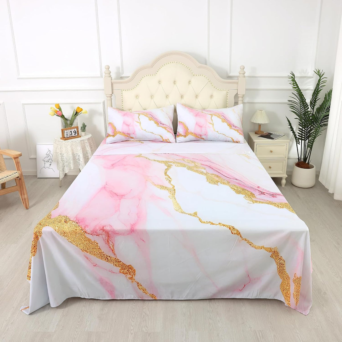Sheet Set Pink Marble: Queen Size Pink Abstract Bed Sheets for Teen Girls Kids Women Deep Pocket Gold Glitter Marbling 4PC Bedding Sets 1 Fitted Sheet & 1 Flat Sheet & 2 Pillowcases