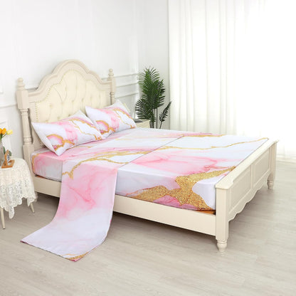 Sheet Set Pink Marble: Queen Size Pink Abstract Bed Sheets for Teen Girls Kids Women Deep Pocket Gold Glitter Marbling 4PC Bedding Sets 1 Fitted Sheet & 1 Flat Sheet & 2 Pillowcases