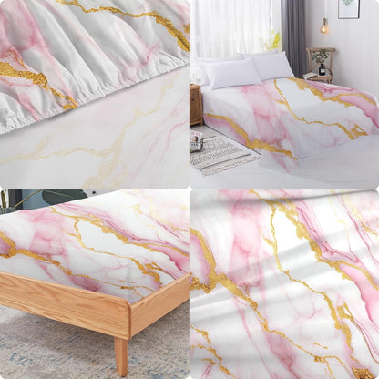 Sheet Set Pink Marble: Queen Size Pink Abstract Bed Sheets for Teen Girls Kids Women Deep Pocket Gold Glitter Marbling 4PC Bedding Sets 1 Fitted Sheet & 1 Flat Sheet & 2 Pillowcases