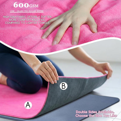 Yoga Mat Towel, Extra Thick (600GSM) Soft Hot Yoga Towel, Non-Slip and Sweat Absorbent for Hot Yoga, Bikram, Pilates, and Fitness, 72" x 27.5", Dual-Color, Grey/Pink